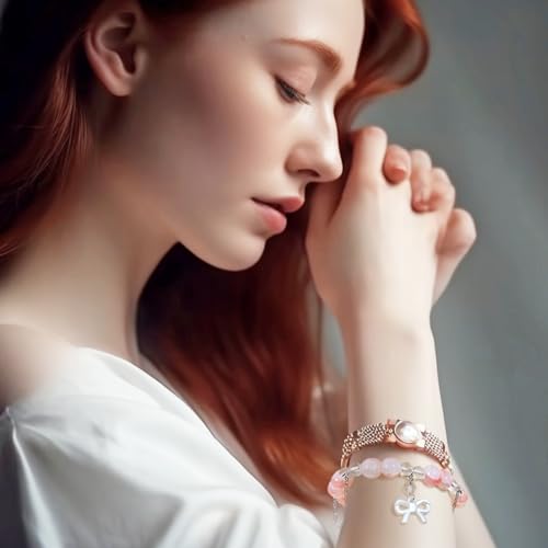 PENTA ANGEL Beaded Charm Bracelets for Women 4Pcs Stretch Stackable Crystal Glass Bead Bracelet with Butterfly Bow Flower Pendant for Birthday Christmas Party Favor Gift