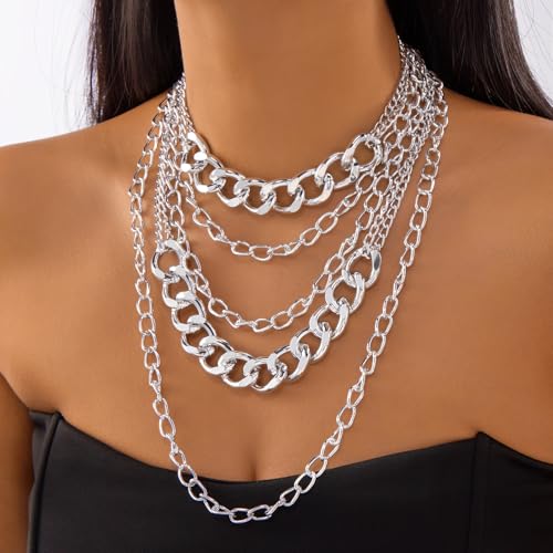 Layered Necklaces for Women Punk Chunky Gold Statement Necklaces Dainty Multi Layer Necklace Jewelry Accessories for Women - color: Silver