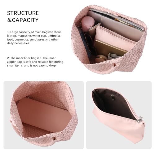 Woven Tote Bag Womens Purse Vegan Leather Shoulder Handbags Fashion Summer Beach Tote Bags Large Travel Totes - color: Pink