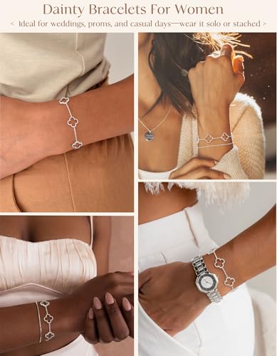 Dainty Silver Gold Bracelets for Women Trendy Non Tarnish 14K Gold Plated Cute Clover Bracelet Stackable Daisy Cubic Zirconia Diamond Charm Bracelet Stack Waterproof Jewelry Gifts - color: I- Silver Bracelet