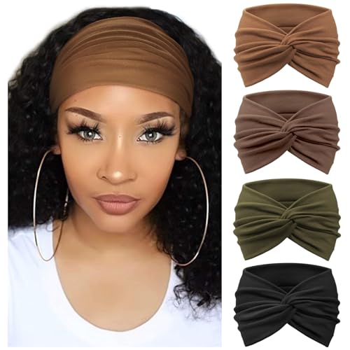 AQOKKA Extra Wide Headbands for Women Large Turban Headband Non Slip Boho Elastic Hairband Hair Twisted Knot Head Bands Accessories - color: 4 Pcs: Black, Olive, Drak Coffee, Brown