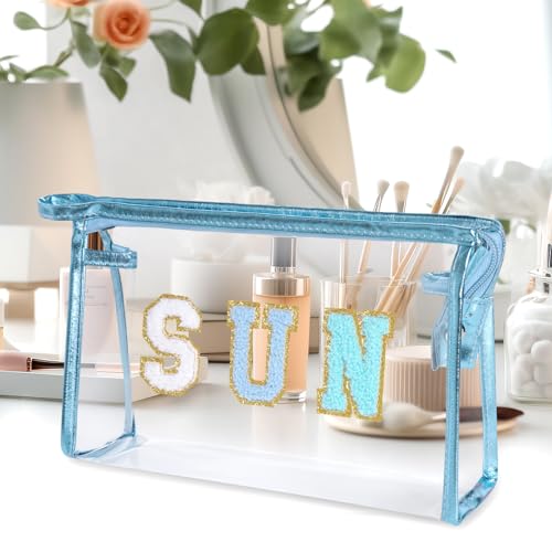 Clear Preppy Patch Makeup Bag, Sun Chenille Letter Bag for Beach, Pouch With Zipper, Travel Cosmetic Toiletry Bag for Women Girls Teens (Blue) - color: Blue