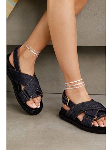 DEARMAY 14K Gold Plated Ankle Bracelets for Women Waterproof - Dainty 6Pcs Anklets Layered Cuban Link Chain Herringbone Cute Anklets Set Pack Summer Beach Jewelry Gift for Women Teen - color: Silver Anklet A
