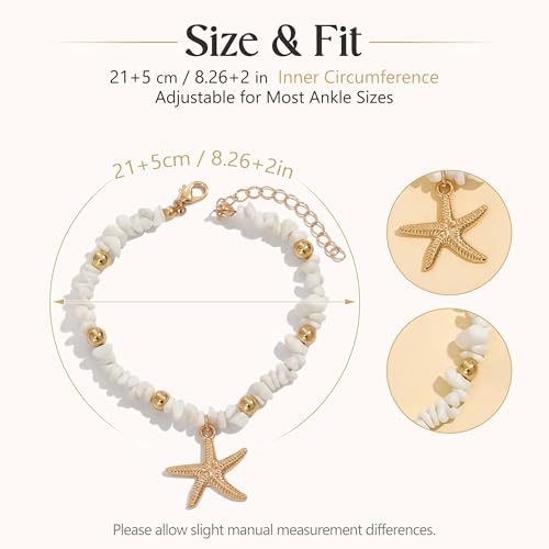 Fesciory Shell Ankle Bracelets for Women, Gold Plated Boho Anklet Set with Pearl Beads Starfish Conch Seashell, Adjustable Summer Beach Hawaiian Foot Jewelry Gift - style: Starfish Stone
