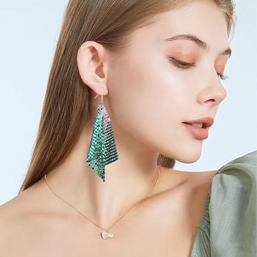 Sequin Earrings for Women Metal Mesh Grid Sequins Tassel Long Drop Dangle Earrings Trendy Charms Bridal Wedding Jewelry - color: Multi