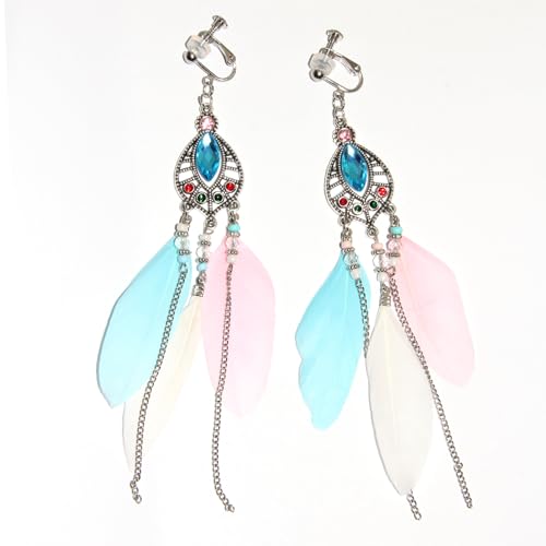 Clip on Tassel Dangle Earrings for Boho Women, Non Pierced, Colorful Feather Handmade Beads Fashion Vintage Fringe Jewelry for Parties Weddings Festivals Trendy Statement Earrings for Bohemian - color: Pink A