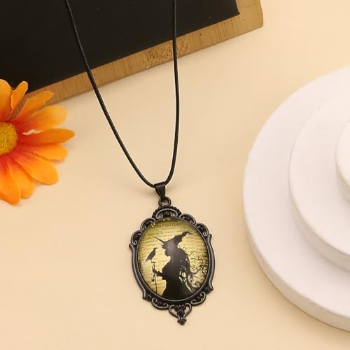 Halloween Gothic Witch Necklaces Cross Glass Pendant Necklace for Women Punk Vintage Black Dark Oval Cameo Necklace Witch Emo Necklaces Halloween Jewelry Witch Accessories 2025 - style: Witch
