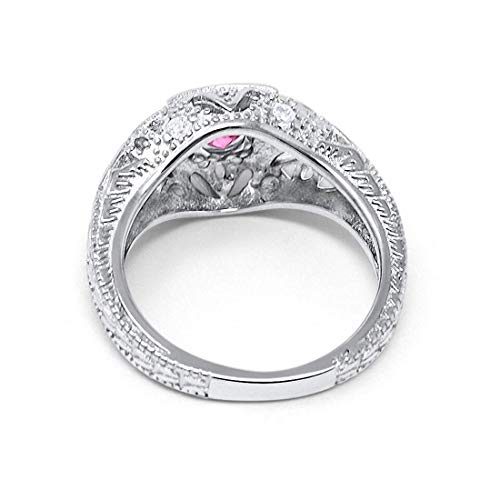 Blue Apple Co. Art Deco Ring Round Cubic Zirconia Leaf Filigree Design Split Shank Twisted Band Bridal Statement Wedding Engagement Rings For Women 925 Sterling Silver Gifts For Her - color: Simulated Pink CZ