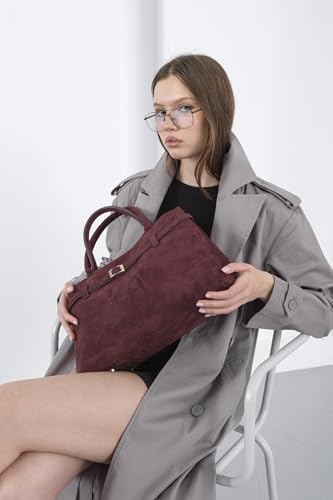 Base’ic Women’s Suede Tote Bag with Gold Hardware – Trendy Slouchy Shoulder Hobo Satchel Handbag Work Purse Travel Gift - color: Burgundy (Gold Hardware)