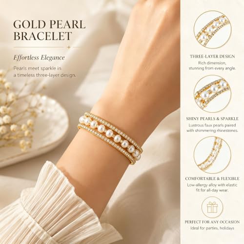 Pearl Rhinestone Stretch Cuff Bracelet for Women Adjustable | Perfect for vintage weddings parties vacations and everyday wear - color: Gold