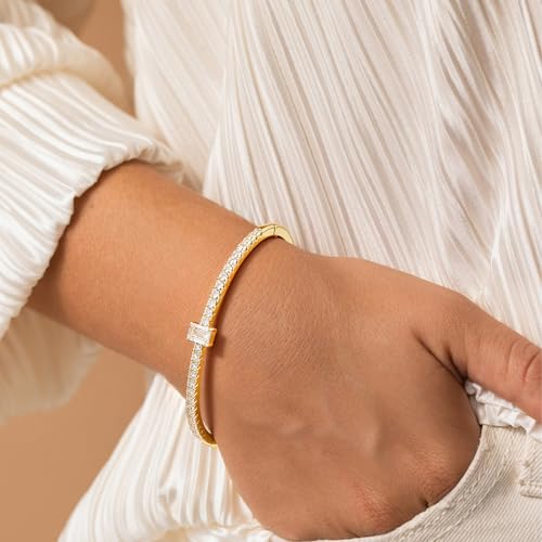 Turandoss Gold Bangle Bracelets for Women - Dainty 14K Gold Plated Tennis Bangle Bracelet Personalized Cubic Zirconia Oval Cuff Bracelets Jewelry Gifts - color: Half CZ Bangle - Square Tennis