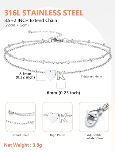 Silvora Ankle Bracelets for Women Waterproof 14K Gold/Silver/Black Initial Anklet for Women Dainty Layered Heart Ankle Bracelets Stainless Steel Adjustable Foot Chain Anklet Summer Beach Jewelry - color: K-Silver