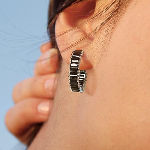 Trendy 14K Gold Plated Hoop Earrings for Women, Chunky Gold/Silver Earrings for Women Cubic Zirconia Baguette Hoop Earrings Heart Hoops Lightweight Hypoallergenic Jewelry,25mm/35mm/40mm/50mm - color: 01 Silver Black Hoops 25mm