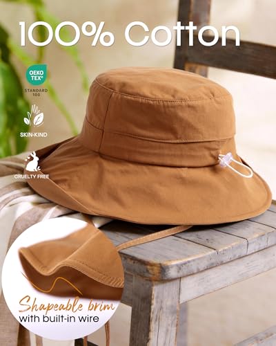 FURTALK Sun Hats for Women Wide Brim Ponytail Beach Sun Protection Hat with Fold-Up Brim Bucket Hat - color: Brown