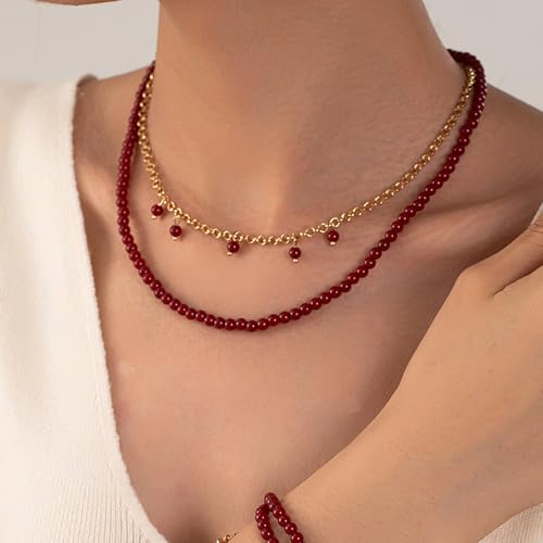 Red Beaded Necklace for Women Choker Gold Toggle Clasp Layered Stack Dainty Statement Western Boho Trendy Summer Vacation Necklaces Birthday Jewelry Gifts - color: B3:Red Beaded Necklace