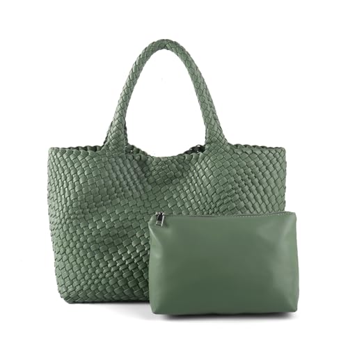 Woven Tote Bag Womens Purse Vegan Leather Shoulder Handbags Fashion Summer Beach Tote Bags Large Travel Totes - color: Grass Green