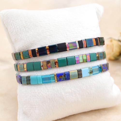 Sonateomber Tila Flat Beaded Stretch Stack Bracelets Set for Women, Trendy Stackable Colorful Glass Square Beads Bracelet Friendship Accessories Jewelry Gift - color: Golden Brown Malachite Crystal Green Purple Black