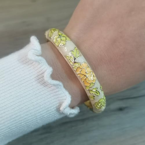 Vintage Flower Cuff Bangles Gold Plated Cloisonne Chinoiserie Peony Floral Elegant Bracelet Gifts For Women - color: yellow