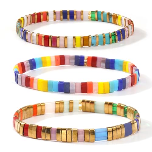 Tila Flat Square Stack Beaded Bracelets Set for Women Men, Boho 3Pcs Romantic Handmade Healing Gold Colorful Stretch Accessories Jewelry, Daily Vacation Party Holiday Friendship Gift - color: Rainbow