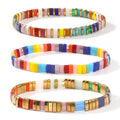 Tila Flat Square Stack Beaded Bracelets Set for Women Men, Boho 3Pcs Romantic Handmade Healing Gold Colorful Stretch Accessories Jewelry, Daily Vacation Party Holiday Friendship Gift - color: Rainbow