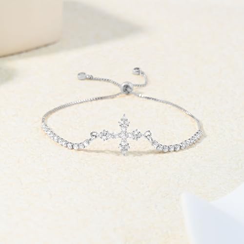 VIBILIA Bracelets for Women, Cross Bracelets for Women Trendy, Dainty Tennis Bracelet, Catholic Gift for Mom Daughter Wife Sister Friend, Communion Gift on Birthday Valentine's Day Easter Mother's Day - color: B. Silver-White