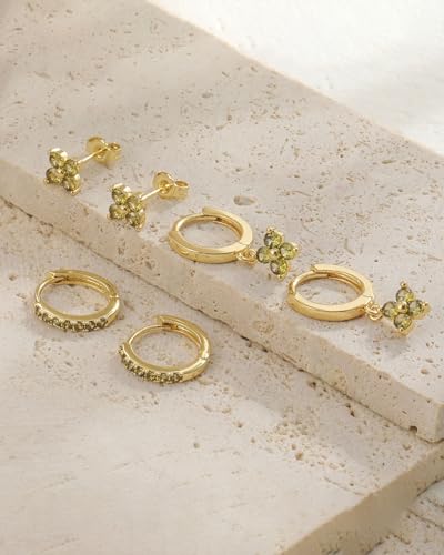 3 Pairs Gold Hoop Earrings Set for Women, Hypoallergenic 14K Gold Plated Huggie Earrings Stacks for Multiple Piercing Dainty Stud Earring Cartilage Birthstone Earring Women Jewelry Gift - color: 08. August(Peridot)