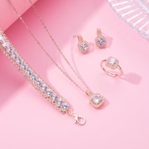 Paxuan 4pcs Cubic Zirconia Wedding Jewelry Sets for Bride Bridesmaid Cubic Zirconia Pendant Necklace Earrings Link Tennis Bracelet Open Ring Set for Women - color: Rose Gold Plated White Cubic Zirconia