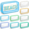 9 Pcs Preppy Clear Makeup Bag DIY Chenille Letter Pouch Large Nylon Makeup Bag Travel Toiletry Zipper Cosmetic Organizer Pouch PVC Bags for Women, 9.5 x 5.1 x 2.8 Inch(Blue Green) - color: Blue Green
