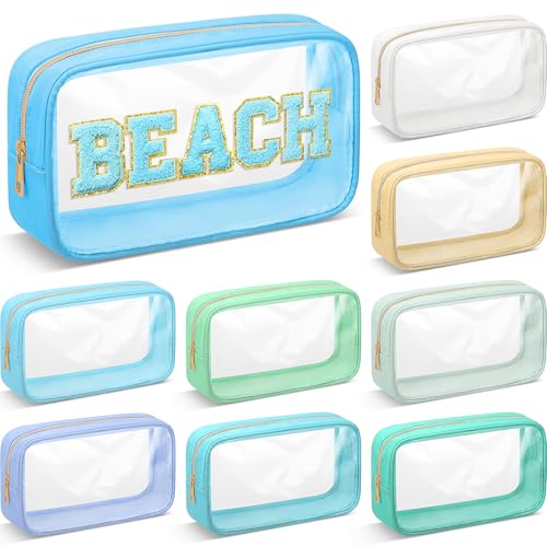 9 Pcs Preppy Clear Makeup Bag DIY Chenille Letter Pouch Large Nylon Makeup Bag Travel Toiletry Zipper Cosmetic Organizer Pouch PVC Bags for Women, 9.5 x 5.1 x 2.8 Inch(Blue Green) - color: Blue Green