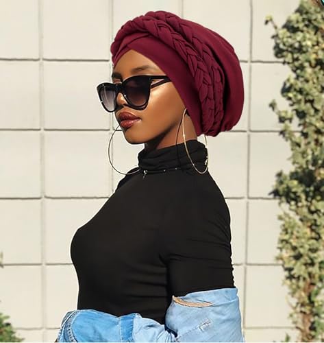 African Women Turban Caps Pre-Tied Twisted Turbans Head Scarf for Women Hair Wraps Cover Beanie Cancer Chemo Headwear - color: 1 Pack Double Twisted Braid: Red