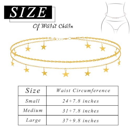 ELABEST Layered Gold Belly Chain 14K Plated Waist Chian Adjustable Sexy Waist Jewelry for Women - size: S(24 inch+7.8inch), style: H