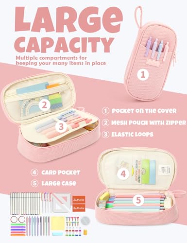 SUNEE Cute Pencil Case, Large Pencil Pouch, Aesthetic Big Pencil Bag with Zipper, Kawaii Stationery Storage and Organizer, Soft Corduroy Bag School Supplies for Teen and Adult, Boys&Girls, Soft Pink - color: Soft Pink