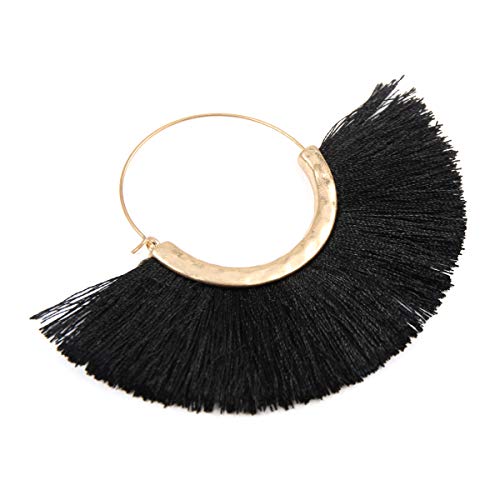 Bohemian Silky Thread Tassel Strand Fringe Statement Hoop Earrings - Lightweight Semi Circle Fan Threader, Mermaid Hoops - color: Halfmoon Tassel Hoops - Black