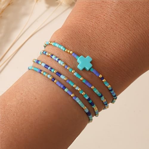 Gold Colorful Beaded Cross Bracelet Stack Set for Women,Handmade Bohemian Seed Beads Stacked Bracelets Fashion Holiday Jewelry Gift - color: Blue