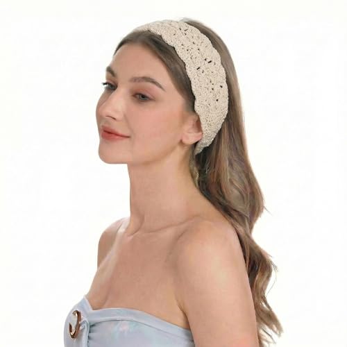 ZLYC Women Floral Headband Handmade Crochet Knit Vintage Hair Bands (Plain Ivory White) - color: Plain Ivory White