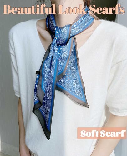 kcctoo 59” Long Silk Like Head Scarf Women's Fashion Square Neck Satin Scarfs for Bag Hair Scarves Gift 59 * 5.9” - color: R1 Blue Wave Dot 59" X 5.9"