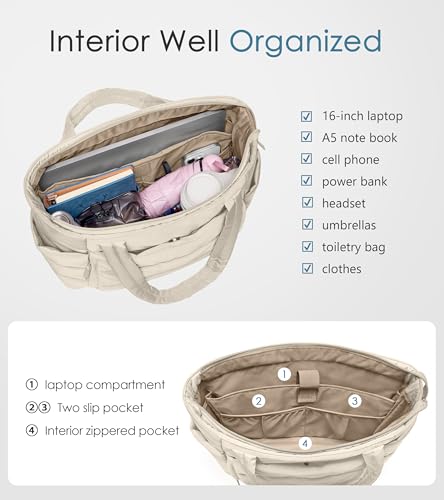 Tote Bag for Women with Zipper, Quilted Puffer Tote Bag with Compartments, Lightweight Puffy Work Bags for Women Travel - color: Beige