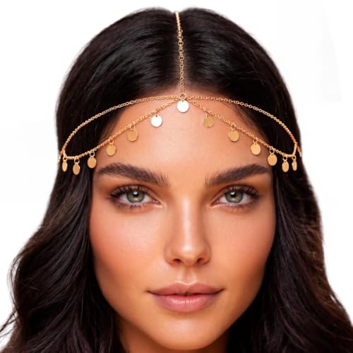 Brishow Gold Head Chain Egyptian Headpiece for Women Forehead Accessory | 20.5 in+3.9 in Adjustable genie head jewelry photos alloy small sequin headchain boho festival prom party concert