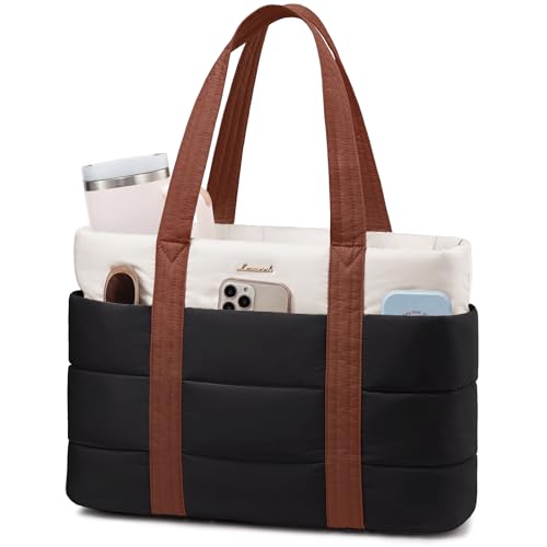 LOVEVOOK Tote Bag for Women, Large Puffer Work Tote Laptop Bag, Lightweight Travel Tote Bag with Zipper Gifts for Women - color: Black-white-brown-a, size: 15.6 Inch