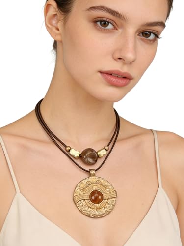 GelConnie Boho Necklaces for Women Cowgirl Necklace Stone Leather Cord Pendant Necklaces With Beads Long vintage Layered Choker Necklace - style: Boho Brown Necklace