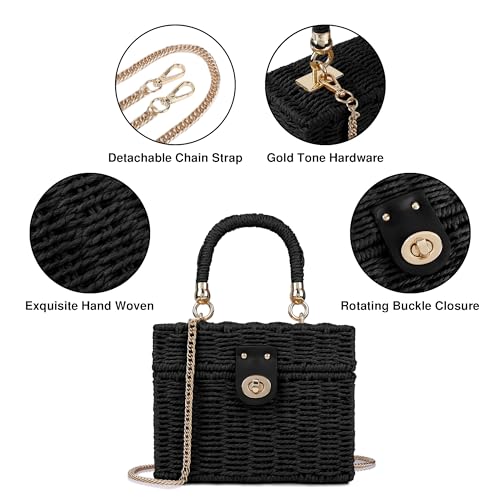 Handwoven Rattan Bag for Women Wicker Crossbody Shoulder Bag Straw Beach Tote Bag Top Handle Satchel Handbag with Chain Strap - color: Black