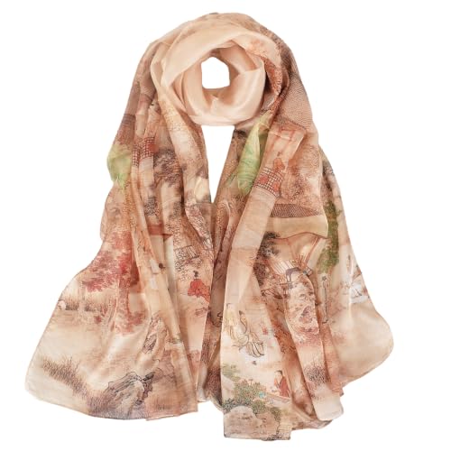 100% Mulberry Silk Women's Neck Silk Scarf-Lightweight Shawl,FLoral Print Beach Silk Wrap-Scarves for Photography - color: Khaki