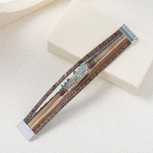 FANCY SHINY Turquoise Boho Leather Bracelet Stackable Chunky Wrap Bangle Bracelets Cowboy Cowgirl Chic Western Jewelry Gift for Women - color: Brown