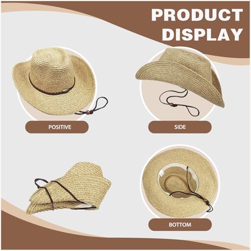 Straw Cowboy Hats Western Cowgirl Hat for Holiday Woven Beach Sun Hat with Shapeable Wide Brim Cowboy Hat for Women/Men - color: Beige