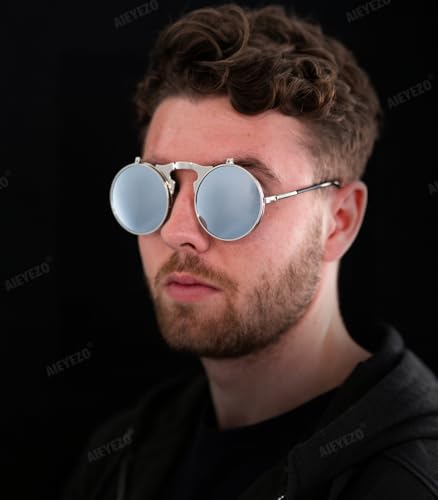 AIEYEZO Round Flip Up Sunglasses for Men and Women Rave Flip Glasses 90's Retro Steampunk Style - color: Silver/Siver Mirror