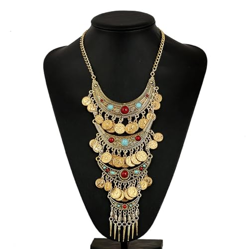 Bethynas Bohemian Ethnic Tribal Chunky Necklace Multilayer Long Tassel Turquoise Statement Neck Chain Retro Coin Gemstone Exaggerated Costume Accessories for Women - color: A-Gold