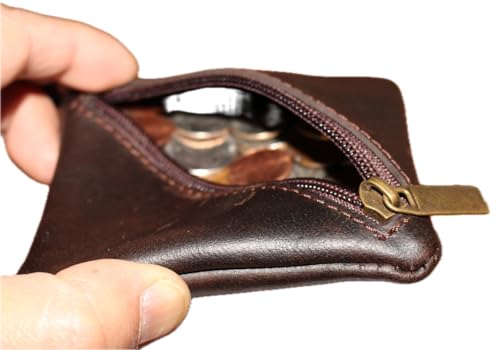 Leather Coin Pouch, Leather Zippered Change Holder, Compact Change Holder and Mini Pocket Wallet for Men & Women Handmade Purse Organizer (Brown)