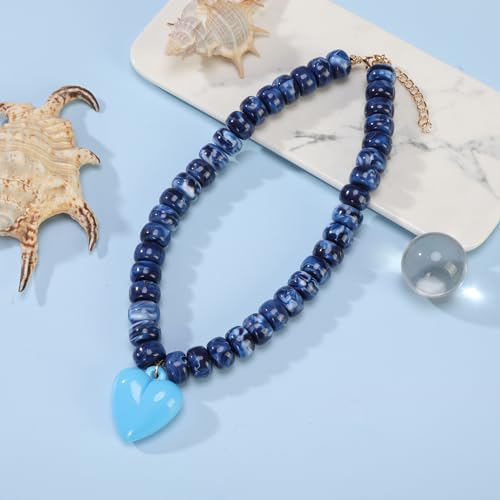 Chunky Colorful Beaded Statement Boho Summer Beach Chokers Necklace Heart Pendant Pink Green Yellow Brown Fashion Jewelry - color: Navy Blue