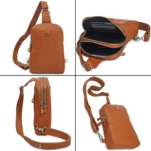 Leather Sling Bag for Women Genuine Crossbody Purse Small Trendy Cross Over Chest with Phone and Credit Card Slots (Cognac Nappa) - color: Cognac Nappa