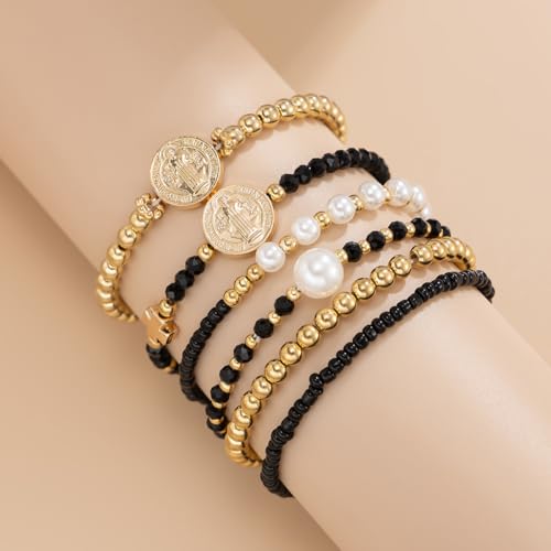 VIBILIA Gold Beaded Bracelets Set for Women 14K Gold Plated Dainty Pearl Cross Bracelet Stack Stretch Bracelet Set Fashion Accessories Gifts - color: 6P-6146K2-Black